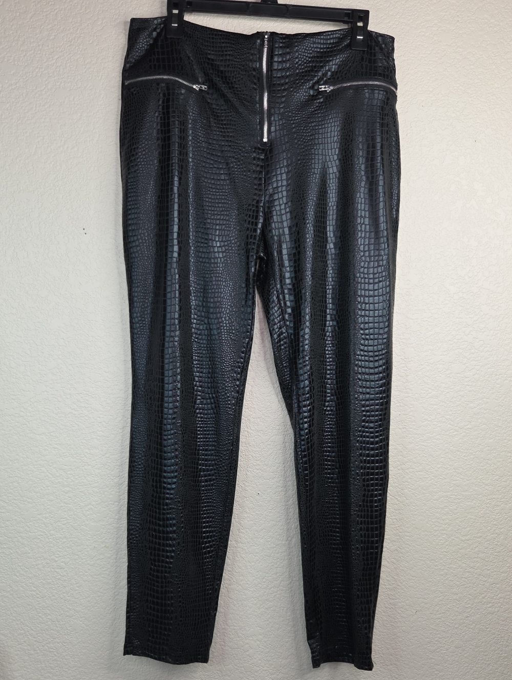 SHEIN Black Faux Croc Zip-Front Pants